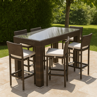 Ensemble de mobilier de bar moderne pour l'extérieur, 7 pièces, pliable, en aluminium/rotin, avec 6 tabourets à coussins amovibles, verre trempé