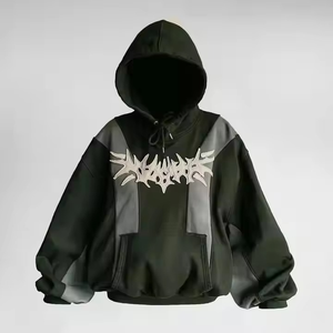 Sudadera con Capucha Extra Grande Unisex de Lujo para Invierno, 100% Algodón, Lavado Ácido, Diseño Desgastado, Bordado 3D, Bloques de Color en Contraste, Forrada - Product Image 1