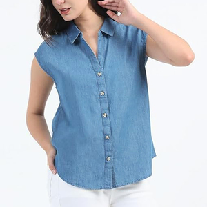 Nuevas camisas vaqueras informales sin mangas de alta calidad para mujer, camisas vaqueras de moda de algodón orgánico de la mejor calidad - Product Image 3