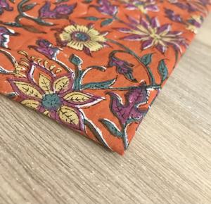 Tela Tradicional Multicolor con Estampado Floral a Mano sobre Base Naranja, Estética Textil Folclórica Mexicana - Product Image 4