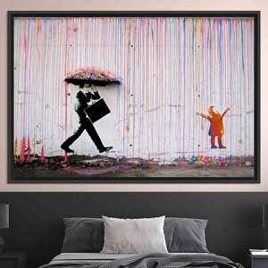 Banksy Kids Umbrella Canvas Art : Impression d'un paysage urbain vibrant, toile encadrée noire - Product Image 1
