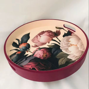 Round Wooden <b>Tray</b> Floral Printed Serving Deep Dish Handle Kitchen Coffee Table Ottoman Indoor Household Party Restaurant Platter - Product Image 1