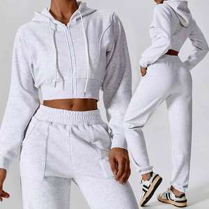 Conjunto de Ropa Deportiva de Invierno para Mujer, Top Corto con Cremallera Completa y Capucha, Pantalones Jogger Holgados de Pierna Recta, Sudadera con Capucha de Forro Polar - Product Image 5