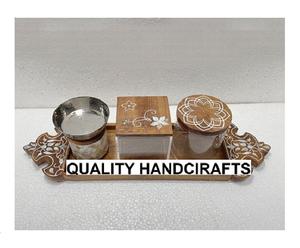 Plateau de service en bois artisanal de qualité avec incrustations de nacre, 6 pièces, avec poignées, boîte à mouchoirs, plateau pour serpillière, taille et couleur personnalisables, Inde - Product Image 4