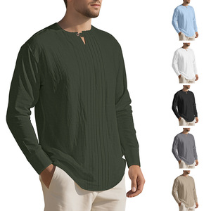 145G European American Men's Casual Sports <b>Shirt</b> Autumn Winter Long Sleeve New Solid Color <b>Linen</b> T-<b>Shirts</b> - Product Image 1