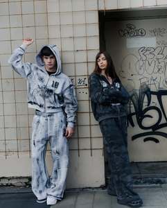 Imprimé personnalisé Vintage délavé hommes lourd survêtement survêtements en coton épais de détresse ensemble de deux pièces strass solide - Product Image 1