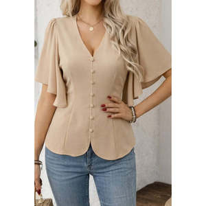 Blusa de Crepé Importada con Botones Delanteros y Manga Corta para Mujer, 37537 - Beige - Product Image 3