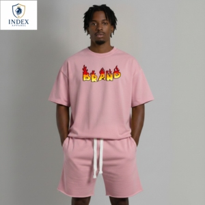 Conjunto de Camiseta de Cuello Redondo Rosa para Hombre, Marca INDEX APPAREL, de Algodón Tejido, Informal, de Verano, de 2 Piezas, Color Sólido, Manga Corta y Pantalones Cortos - Product Image 1