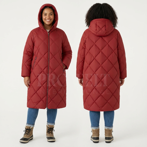 Women's Clothing Manufacturer Hooded Neck Quilted Winter Long Coat Full Zip Diamond Pattern Warm Casual Outdoor Quilted <b>Jacket</b> - Product Image 2