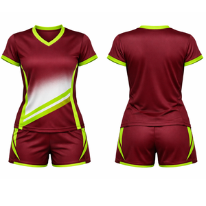 Ensemble de maillot de volley-ball à manches courtes pour femmes, dégradé de rouge bordeaux et vert lime, sublimation, maillot de volley-ball professionnel, kit d'équipe - Product Image 3