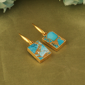 Boucles d'oreilles pendantes géométriques en turquoise cuivre bleu Mohave, bijoux en pierres précieuses, plaqué or 18 carats, forme rectangulaire, gouttes pendantes - Product Image 4