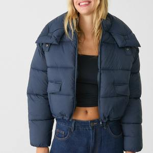 Blouson Bomber matelassé imprimé brut pour femme, manches courtes, fermeture éclair, veste d'hiver en coton avec col rond - Product Image 2