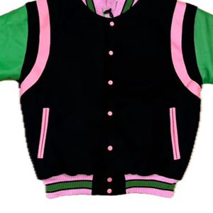 Veste bomber réversible imperméable de style streetwear premium pour fraternité grecque, en cuir vert, soie/coton noir - Product Image 5