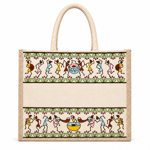 Sac fourre-tout en coton et jute brodé Warli beige Tribal Beats, 12 x 10 x 4 pouces, avec fermeture éclair, réutilisable, emballage cadeau personnalisé - Product Image 1