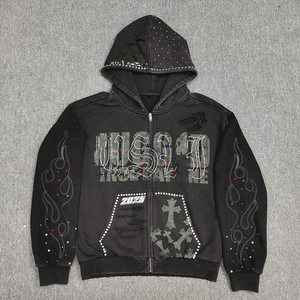 Sweat-shirt personnalisé streetwear imprimé sérigraphié avec strass, en molleton 100% coton écologique, style vintage décontracté, coupe droite courte pour l'hiver - Product Image 1