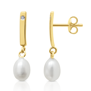 Boucles d'oreilles pendantes en or massif 9K avec perle d'eau (disponibles en 10K, 14K, 18K) pour femme, fermoir à vis, fabriquées en Espagne - Product Image 1