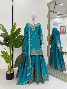 Conjunto tradicional indio Sharara para mujer, seda Chinnon pesada con bordado Zari, aspecto festivo y nupcial, ropa de boda y Festival - Product Image 6