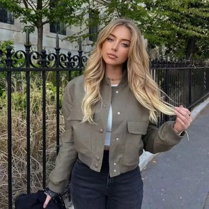 Customizable 2024 Autumn <b>Women's</b> Large Pocket Pilot <b>Jacket</b> Loose Single Breasted Coats Stand Simple Leisure Outwear <b>for</b> Winter - Product Image 3