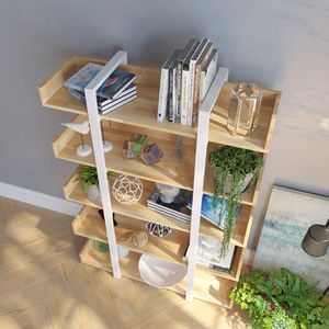 White Iron Frame <b>Bookshelf</b> with Wood Finish Standing Type for Living Room Decor-SFKS007 - Product Image 2