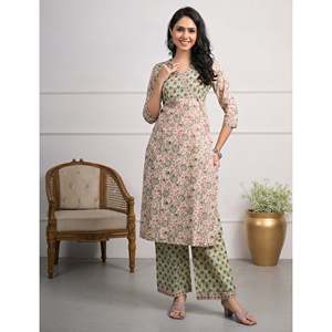 Green for Cream <b>Printed</b> Cotton <b>Block</b> Pant Set of 2 Salwar Kameez - Product Image 4