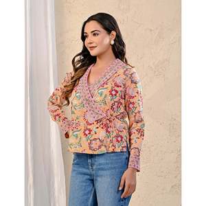 Top de Chifón con Bordado Floral Pastel, Decoración Lateral con Dori y Estampado Jaal a Mano, Asimétrico, Largo, para Fiestas Formales, Talla XL - Product Image 4