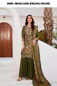 Nuevo traje de diseñador Evergreen Kurti Sharara Impresión digital de seda Kanjivaram pura con Chinon inferior a precio económico - Product Image 3