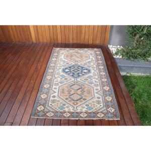 Alfombra Turca, Alfombra Vintage de 3.5x5.8 pies, Alfombra de Lana con Diseño de Plantas y Árboles Azules - Product Image 1