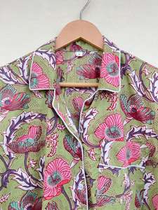 Pijama de Algodón Popelina 100% Hecho a Mano en India, Estampado Floral Elegante, Ropa de Dormir Informal de Lujo para Primavera, Verano y Otoño, ODM - Product Image 5