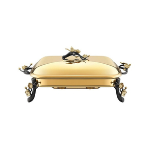 Plat de service buffet en or antique avec des poignées et des pieds floraux noirs uniques pour les événements de restauration à prix raisonnable - Product Image 1