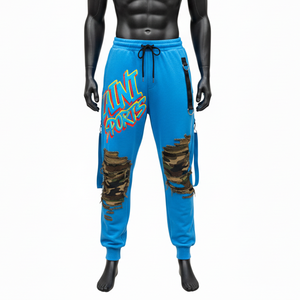 Pantalon de jogging en molleton premium, coton et polyester, tissu doux brossé, camouflage bleu, panneau au niveau du genou, impression d'écran, logo personnalisé, pantalon de jogging pour homme - Product Image 6