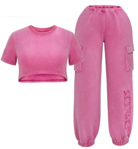 บริการ OEM ผู้หญิงที่กําหนดเองชุดวินเทจหินกรดล้างเฮฟวี่เวท Sweatsuit เสื้อครอปที่กําหนดเองและกางเกงวอร์มสองชิ้นสําหรับสุภาพสตรี - Product Image 2