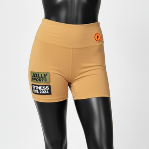 กางเกงขาสั้นบั้นท้ายทรงสวยสำหรับผู้หญิง ผ้าโพลีเอสเตอร์ผสมสแปนเด็กซ์เนื้อเนียน สีเบจคาเมล เอวสูง โลโก้แบบรีดร้อน - Product Image 4
