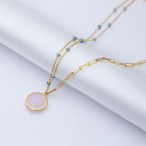 Rond Rose Quartz Turquoise Émail 22K Or Lunette Argent Charme Collier En Gros 925 Argent Turc Bijoux Faits À La Main - Product Image 4