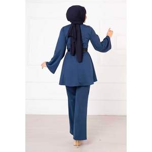 Mevlana Conjunto Informal De Dos Piezas Índigo Con Detalle De Ribetes Tejido De Punto De Algodón Para Verano Y Otoño - Product Image 2