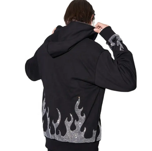 Nouvel arrivage : Sweat à capuche zippé intégral pour homme en molleton bouclette 100 % coton, grande taille, avec strass noirs unis - Product Image 5