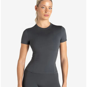 Camiseta de gimnasio gris tormenta de alta calidad para mujer, camiseta elástica de longitud completa de manga corta con cuello redondo de poliéster, nueva camiseta informal de entrenamiento de Yoga - Product Image 1