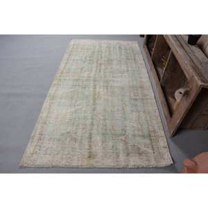 Vintage Turkish Rug Beige Green 4.1 X 7.4ft Handmade Wool Large Area Patchwork Design Rectangular Hallway Latex for Room Decor - Product Image 1