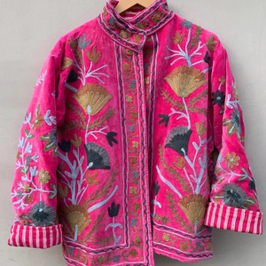 Handmade <b>Velvet</b> Suzani Winter Short <b>Jacket</b> Embroidery Short <b>Jacket</b> Mandarin Collar Warmed <b>Jacket</b> for <b>Womens</b> - Product Image 1