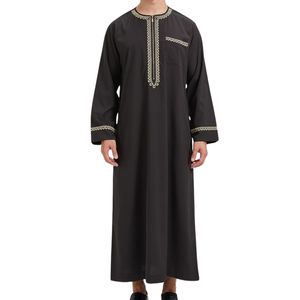 Thobe musulman pour homme noir formel, broderie dorée sur le col, manches longues, Jubba islamique, Kandura, Dishdasha, robe traditionnelle arabe - Product Image 6