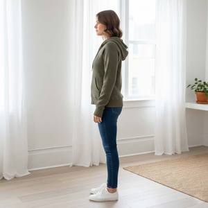 เสื้อฮู้ดผู้หญิงสำหรับฤดูหนาว ผ้าวาฟเฟิลถักแบบพอดีตัว ปักลาย 3 มิติ ผ้าฝ้ายหนา ย้อมสีแบบ Garment Dyed สีเขียวมะกอก เป็นมิตรกับสิ่งแวดล้อม ระบายอากาศได้ดี - Product Image 6