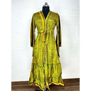 Recycled Vintage Silk Sari Robe Floral Print Boho House <b>Kimono</b> Dressing Gown <b>Beach</b> Coverup Anniversary Gift for Her Swimsuit - Product Image 1
