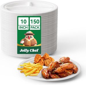Assiettes en papier compostables JOLLY CHEF à 3 compartiments, 10 pouces, paquet de 150, résistantes, divisées, jetables, écologiques, en bagasse - Product Image 1