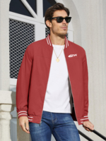 Chaqueta Bomber Larga Roja Personalizada para Hombre, Cuello Alto, Cierre de Cremallera, Resistente al Viento, Ropa Casual para Exteriores, Material de Lona y Poliéster, Color Sólido
