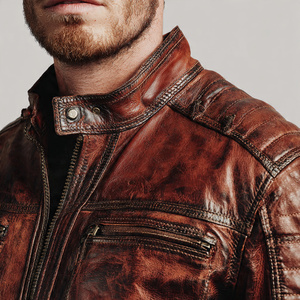 Chaqueta de motociclista de cuero para hombre, chaquetas de corredor con cuello levantado y bolsillo en el pecho, chaqueta de cuero para motociclismo para hombre - Product Image 3