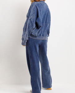 Blouson aviateur délavé à la pierre avec fermeture éclair et joggers ensemble de vêtements de détente bleu femmes 2 pièces tenues 2024 survêtement ensemble survêtements - Product Image 4
