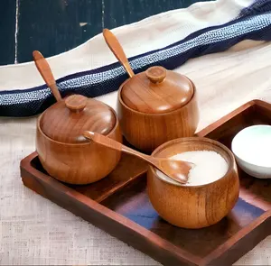 Couvercle de cave à sucre en bois d'acacia de haute qualité fait à la main récipient à sucre en céramique de qualité pour la vaisselle de cuisine et la vaisselle - Product Image 5