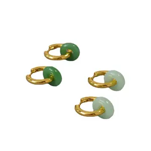 Summer Chunky Natural Green Jade Gemstone Hoop Dangle Earrings for Girls Women Jewelry