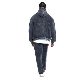 Sport acide délavé noir blanc sweats à capuche deux pièces joggeurs costumes ensemble hommes survêtements Logo personnalisé unisexe survêtements - Product Image 5
