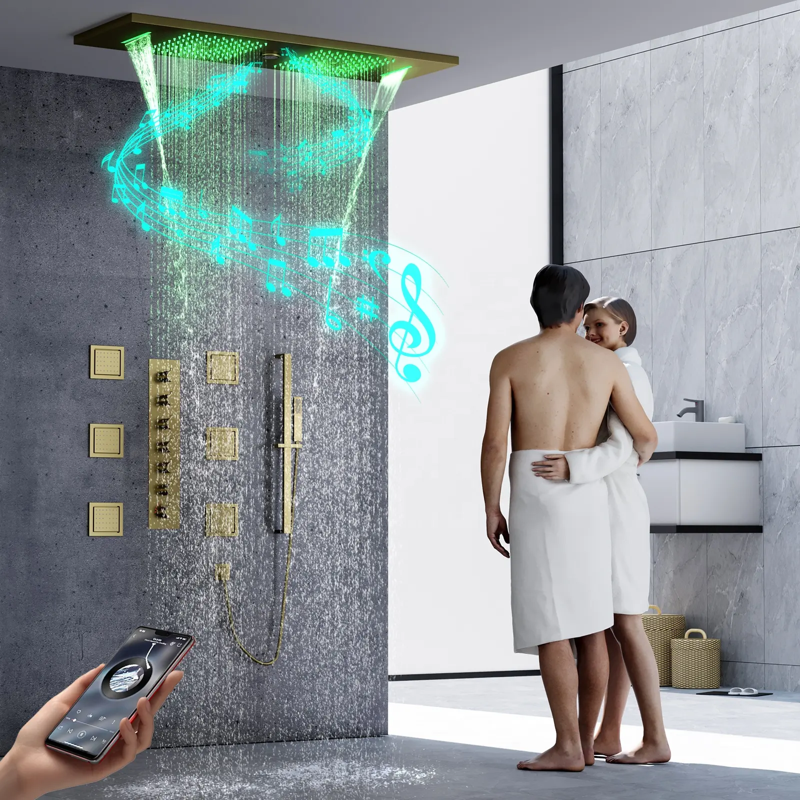 Ceiling Embedded 36*12inch Music Led Shower Head Bathroom Rain Waterfall Gold Shower Thermostatic Shower Faucet