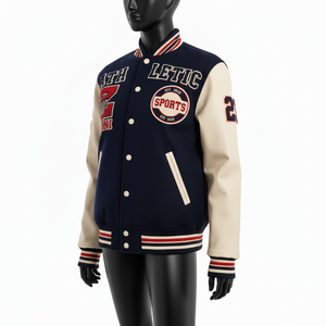 Veste universitaire pour femmes Premium Laine mélangée 350 GSM Marine et Crème Manches contrastées Logo personnalisé Broderie Veste universitaire pour femmes - Product Image 4